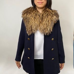 Theory Overby Belmore Wool Cashmere Peacoat With Genuine Fur Collar.Navy. Petite